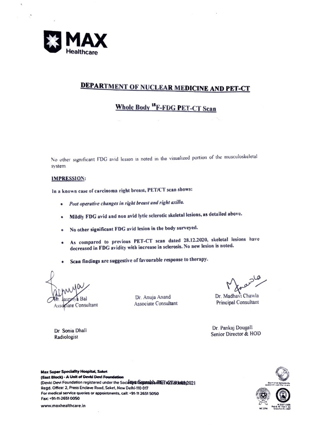 PET CT scan (03/05/2021) showed no new lesions, and lytic sclerotic size dropped to 3.1.